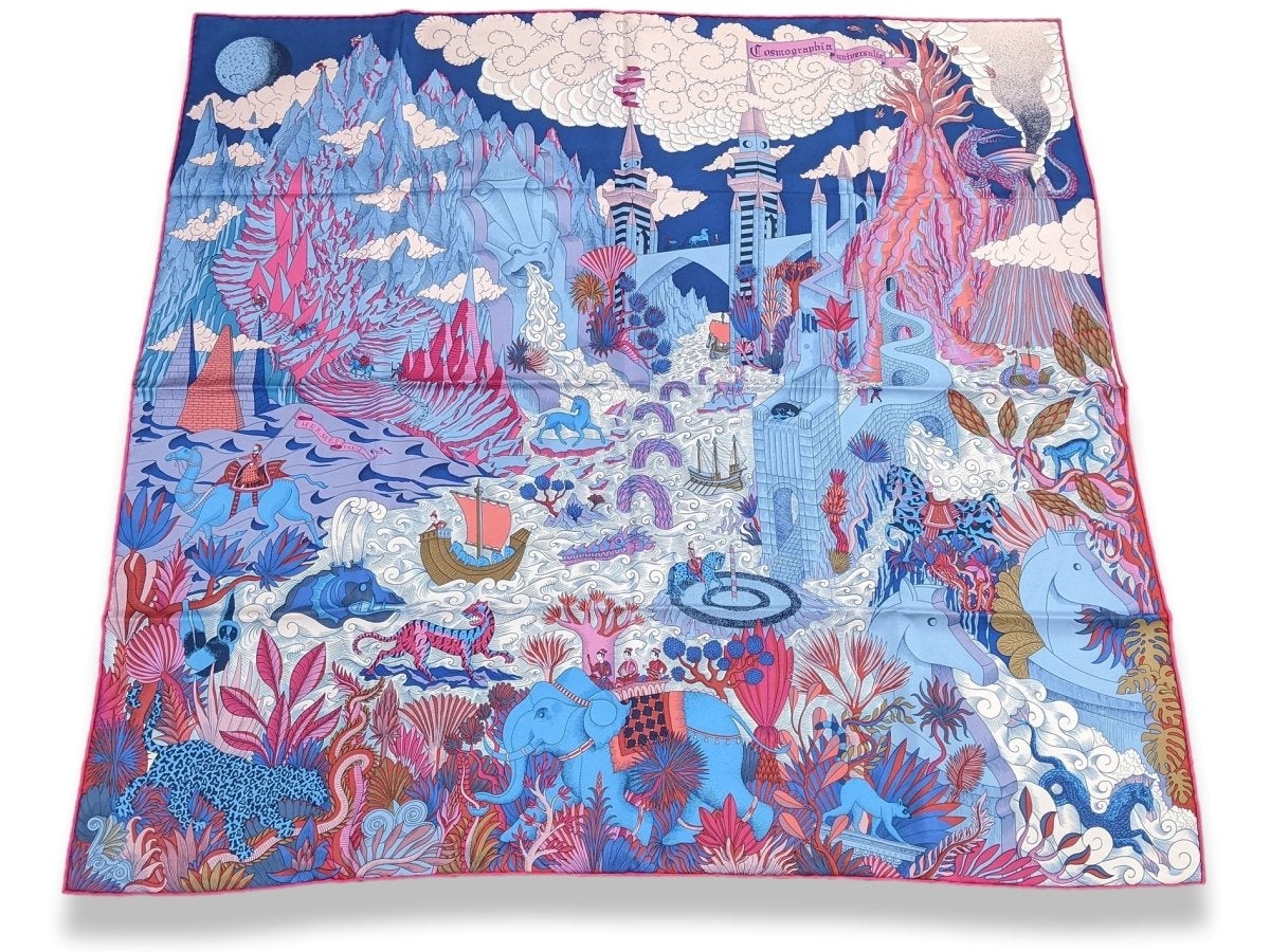 Hermes Bleu Jeans/Rose Vif/Marine Cosmographia Universalis by Jan Bajtlik Twill scarf, Box_