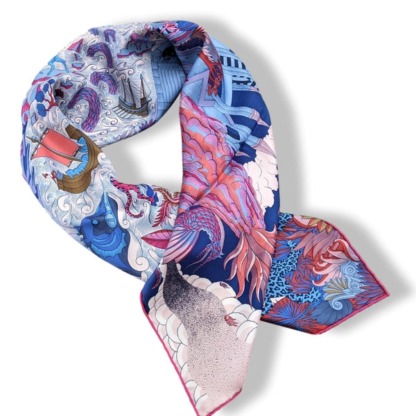 Hermes Bleu Jeans/Rose Vif/Marine Cosmographia Universalis by Jan Bajtlik Twill scarf, Box_