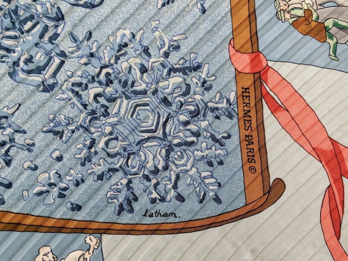 Hermes Bleu Pale NEIGE D'ANTAN by Caty Latham Pleated Plisse Twill 90, Box!
