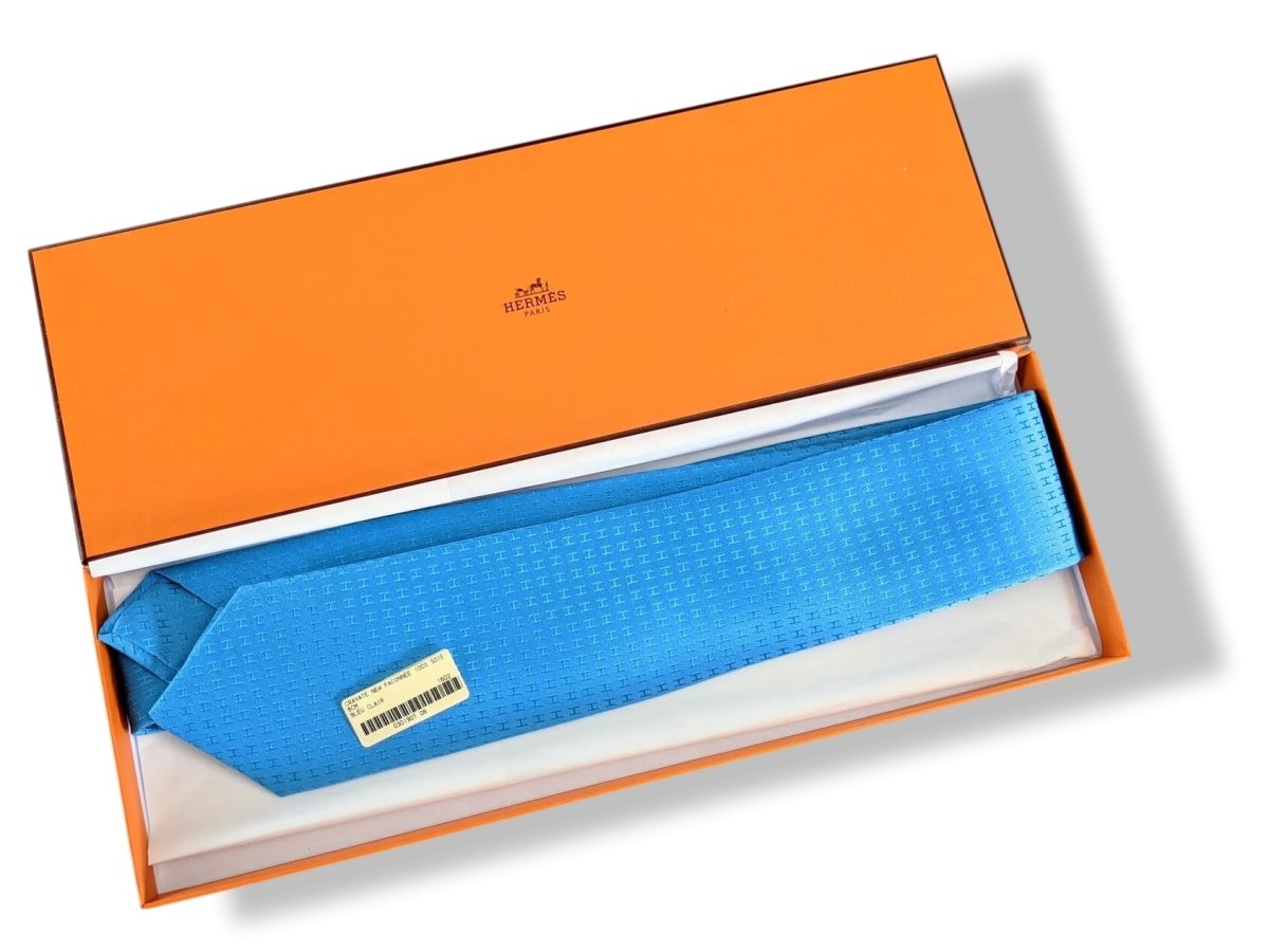 Hermes Bleu-Turquoise FACONNEE H Jacquard Twill Silk Tie 9 cm