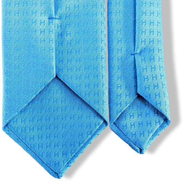 Hermes Bleu-Turquoise FACONNEE H Jacquard Twill Silk Tie 9 cm
