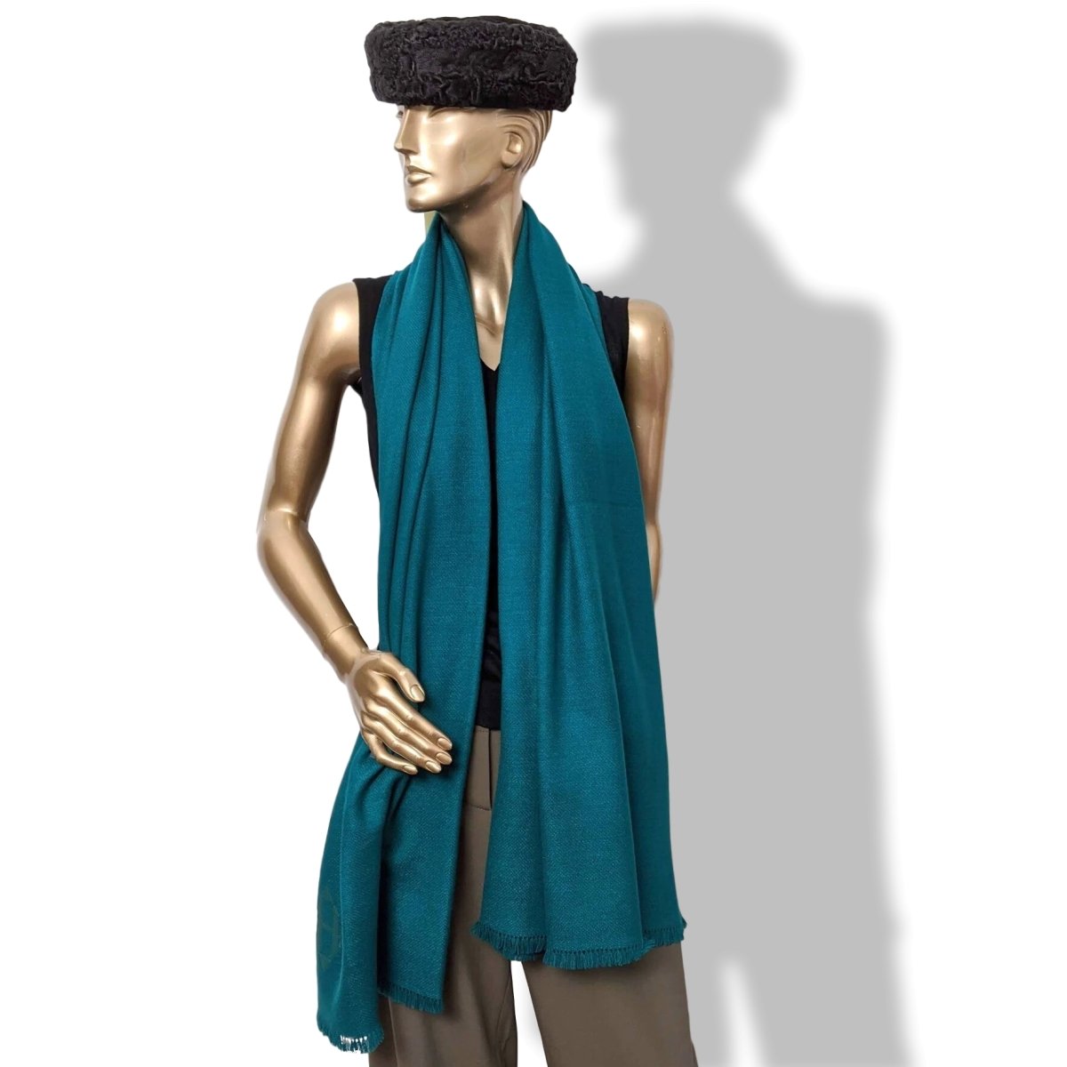Hermes Bleu-Vert Canard Fringed 100% Cashmere ETOLE CRAFT Muffler Hand Woven in Nepal 70 x 200 cm, BNWT!