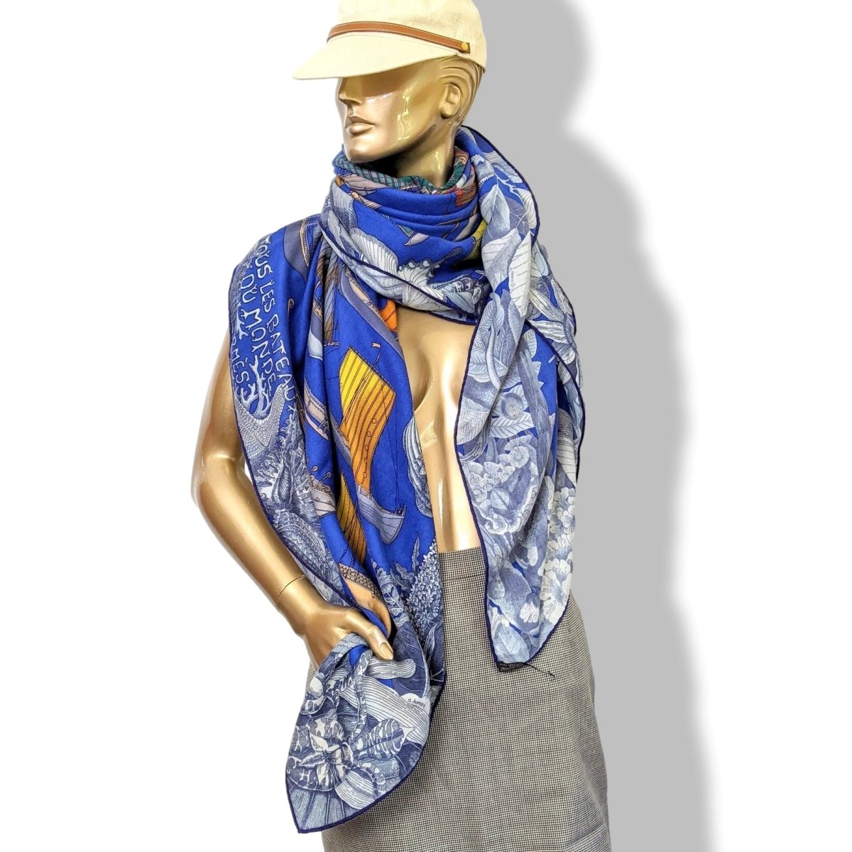 Hermes Bleu/Jaune/Orange TOUS LES BATEAUX DU MONDE by Aline Honore Cashmere Shawl 140, Superb!