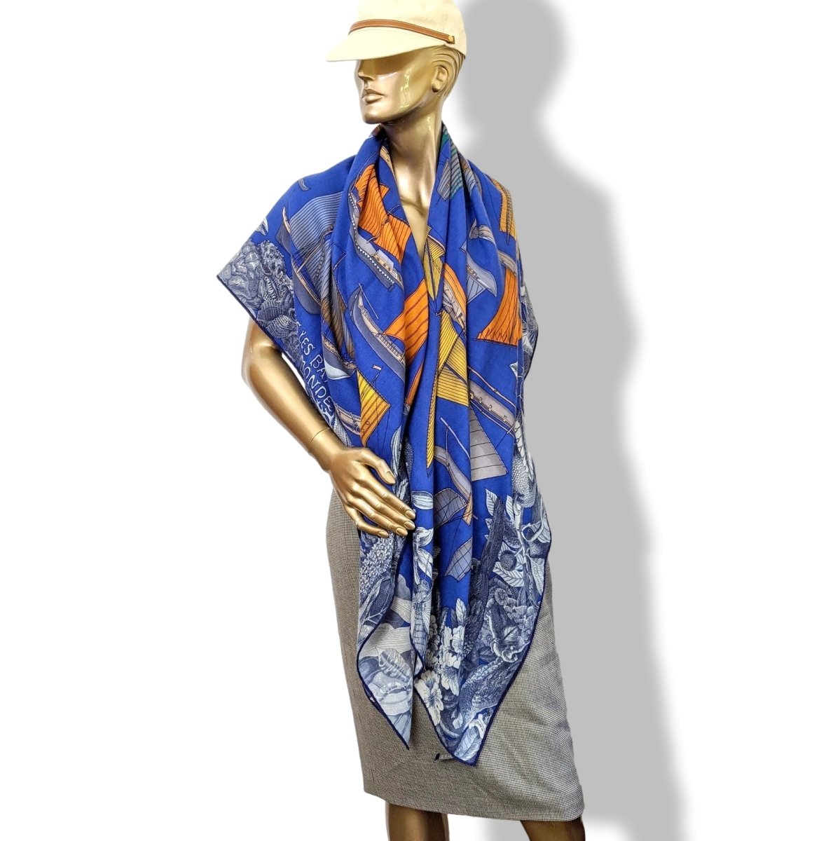 Hermes Bleu/Jaune/Orange TOUS LES BATEAUX DU MONDE by Aline Honore Cashmere Shawl 140, Superb!