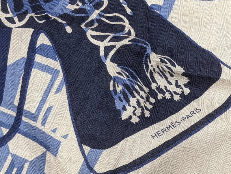 Hermes Bleu/Narurel Imprimeur Fou Le Fil Sellier by Natsuno Hidaka & Pierre Marie Cashmere Shawl 140, Mint!