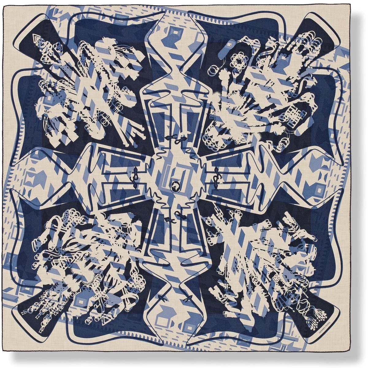 Hermes Bleu/Narurel Imprimeur Fou Le Fil Sellier by Natsuno Hidaka & Pierre Marie Cashmere Shawl 140, Mint!