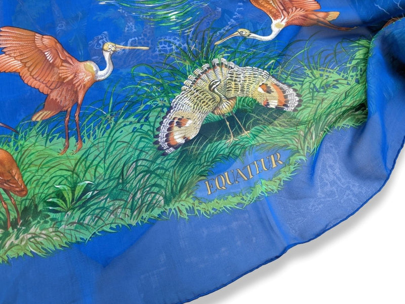 Hermes Bleu/Vert Equateur by Robert Dallet Blanc Matt Overprint Mousseline Shawl 140 cm, Box!