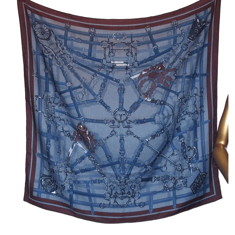 Hermes Blue Burgundy Flamboyant Web by Daiske Nomura Unisex Cashmere 100 cm, Mint! - poupishop