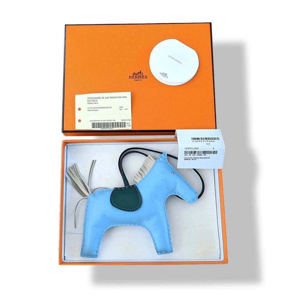 Hermes Blue Celeste/Craie/Malachite Lamb Milo RODEO GRIGRI GM Horse Bag Charm, BNWTIB! - poupishop
