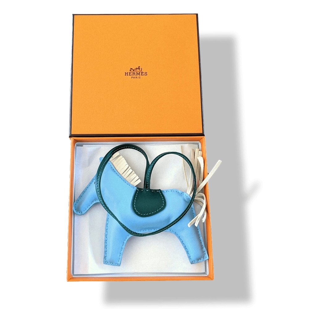 Hermes Blue Celeste/Craie/Malachite Lamb Milo RODEO MM Horse Bag Charm, BNIB! - poupishop