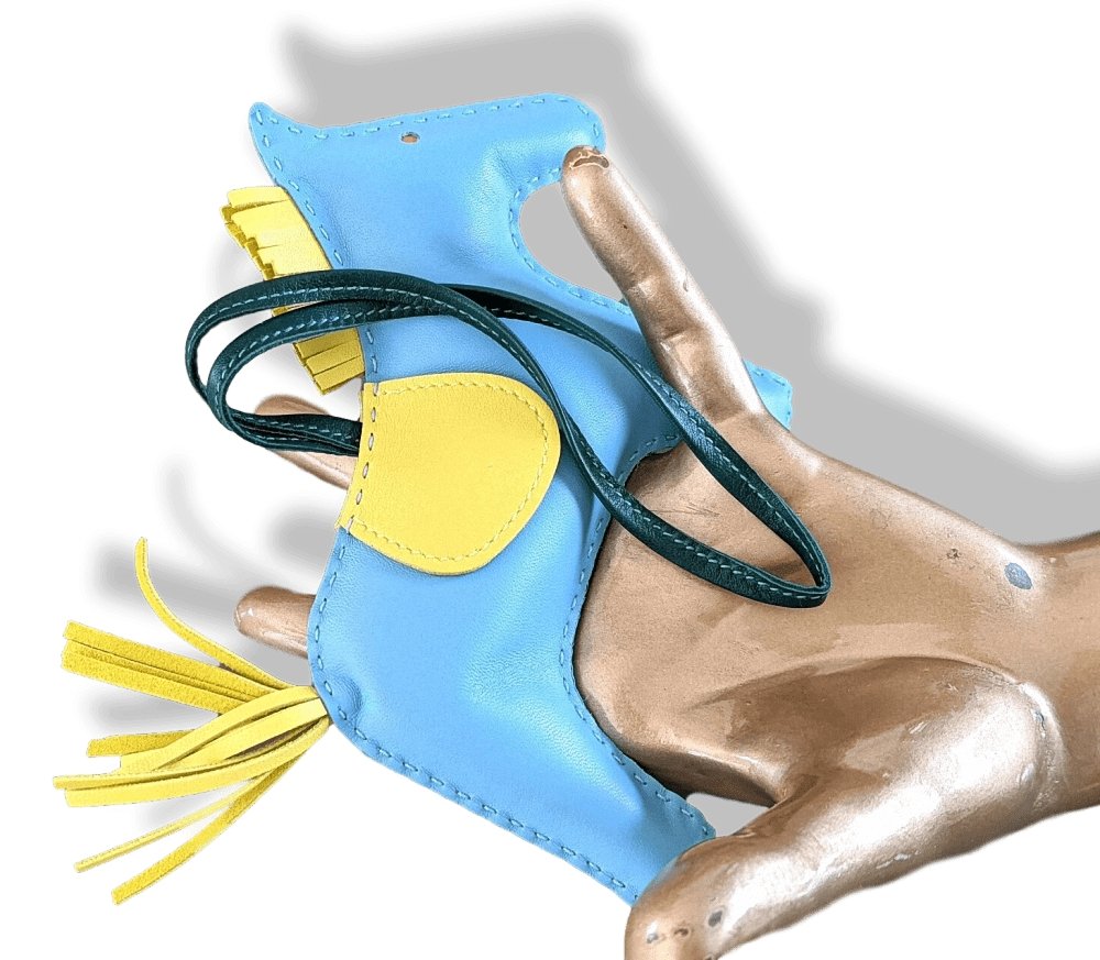 Hermes Blue Celeste/Yellow/Malachite Lamb Milo RODEO GM Horse Bag Charm, BNWTIB! - poupishop