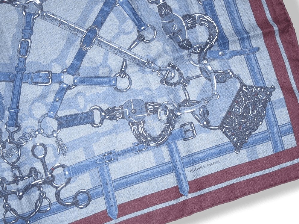 Hermes Blue Chiné/Pilote Blue/Lie de vin FLAMBOYANT WEB by Daiske Nomura Unisex Cashmere 100 cm, BNWT! - poupishop