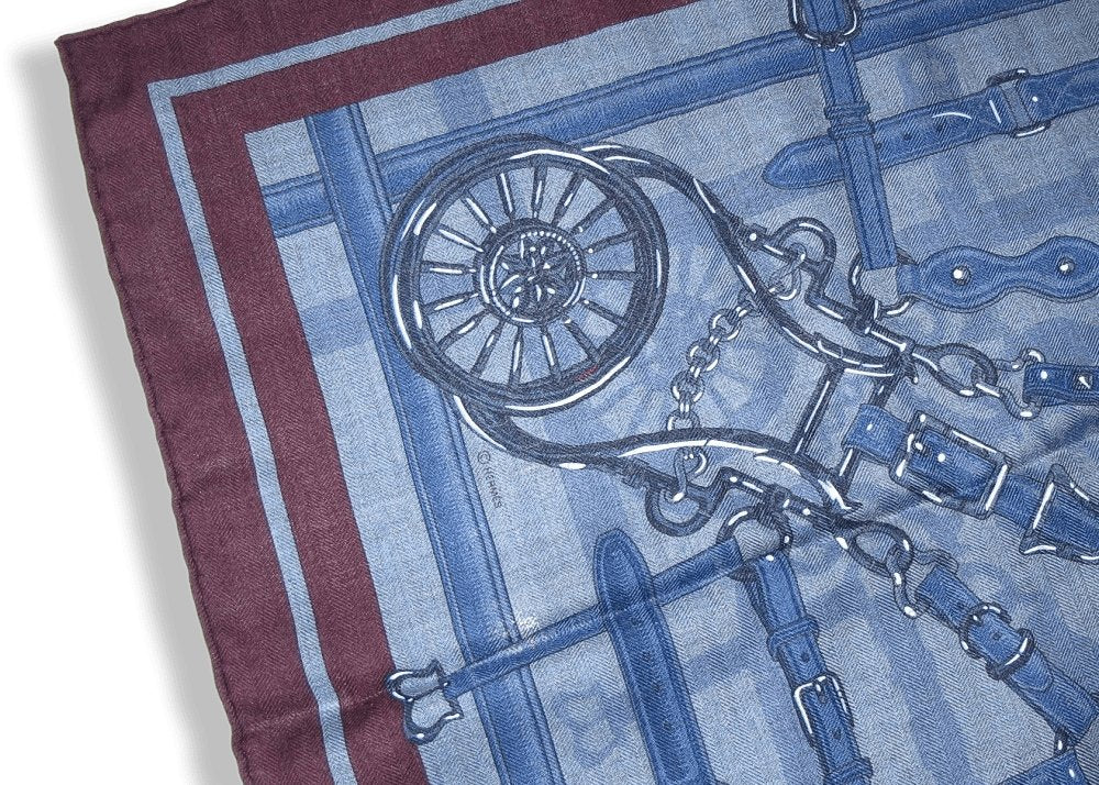 Hermes Blue Chiné/Pilote Blue/Lie de vin FLAMBOYANT WEB by Daiske Nomura Unisex Cashmere 100 cm, BNWT! - poupishop