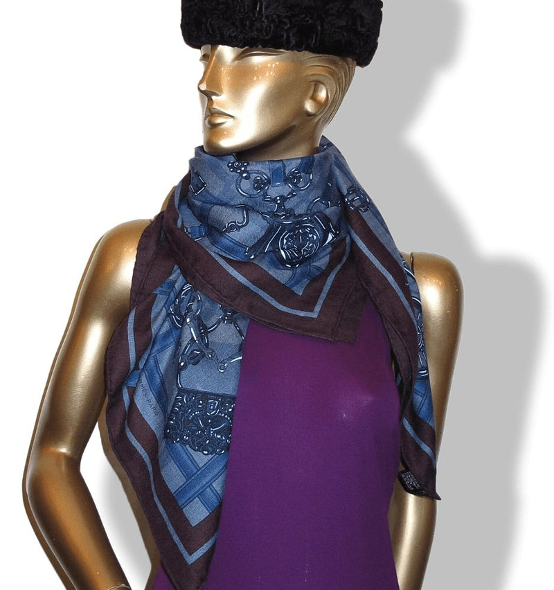 Hermes Blue Chiné/Pilote Blue/Lie de vin FLAMBOYANT WEB by Daiske Nomura Unisex Cashmere 100 cm, BNWT! - poupishop