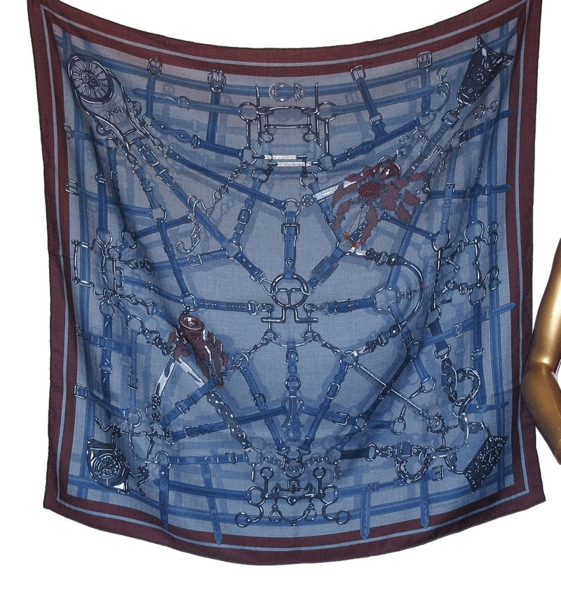 Hermes Blue Chiné/Pilote Blue/Lie de vin FLAMBOYANT WEB by Daiske Nomura Unisex Cashmere 100 cm, BNWT! - poupishop