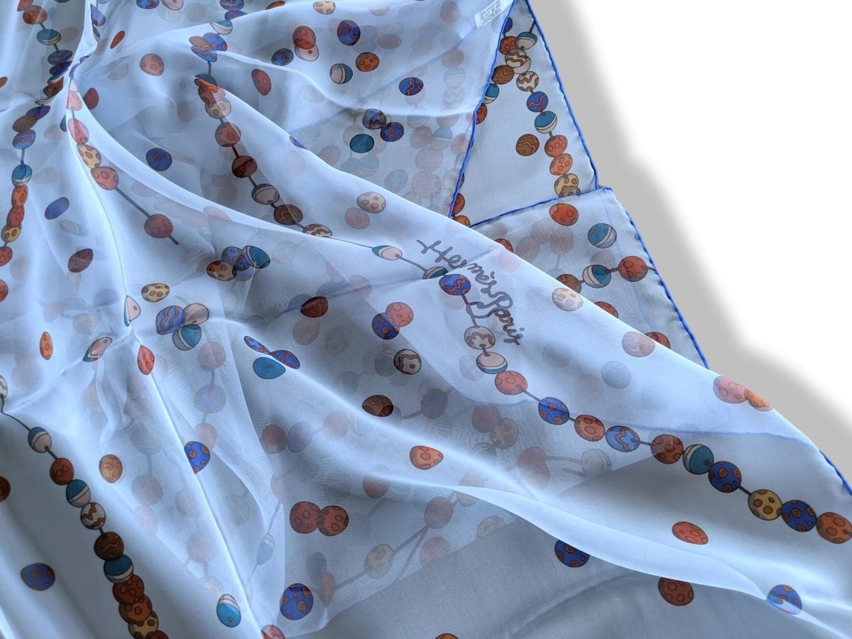 Hermes Blue DANCING PEARLS Mousseline Silk Stole, New! - poupishop