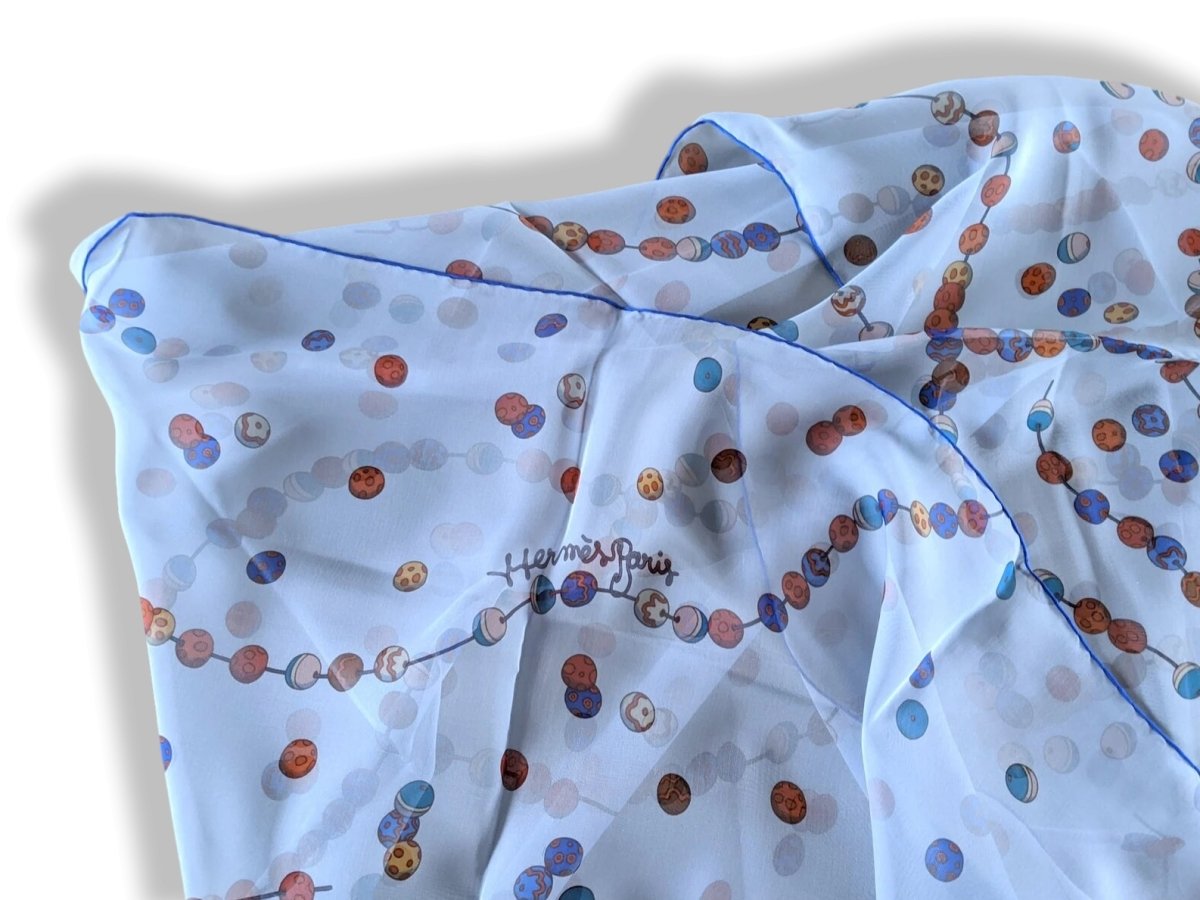 Hermes Blue DANCING PEARLS Mousseline Silk Stole, New! - poupishop