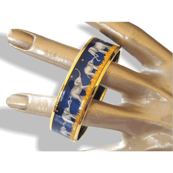 Hermes Blue Enamel with Gold Trim Elephants Wide Bangle Bracelet, NIB! - poupishop