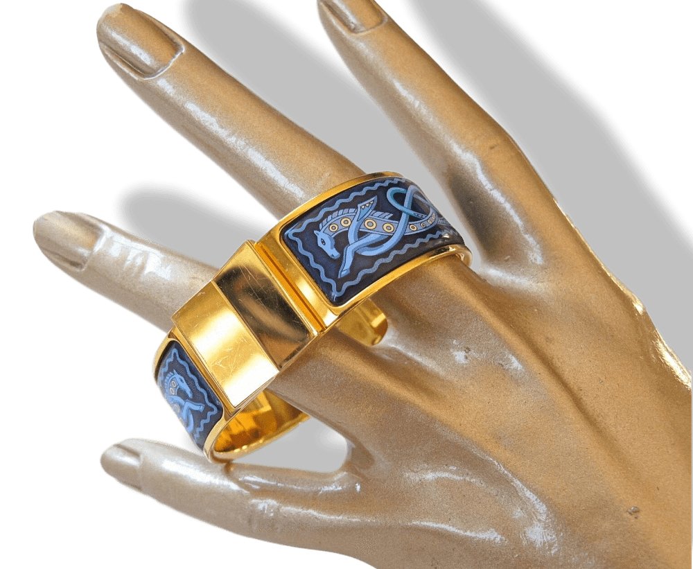 Hermes Blue Enamel/Gold Horses Clic Clac Bangle Bracelet Sz S, Box! - poupishop