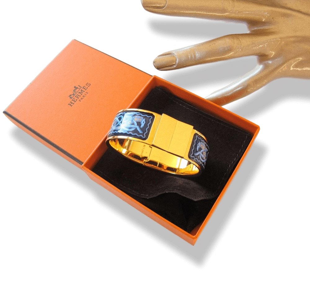 Hermes Blue Enamel/Gold Horses Clic Clac Bangle Bracelet Sz S, Box! - poupishop