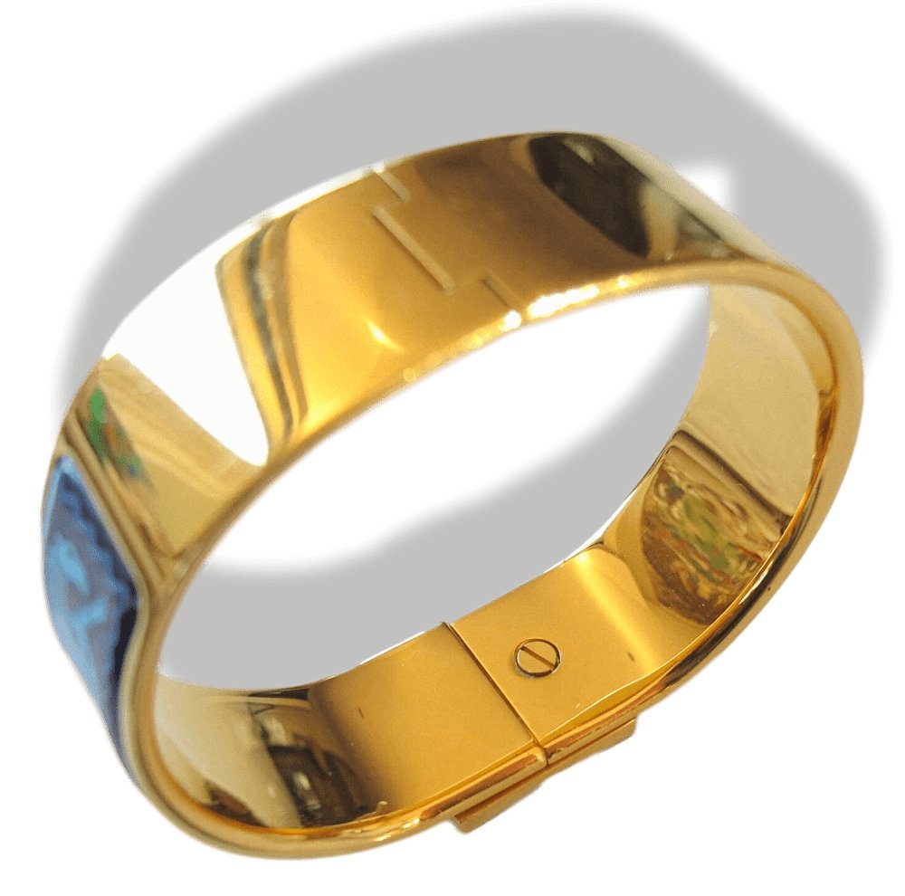Hermes Blue Enamel/Gold Horses Clic Clac Bangle Bracelet Sz S, Box! - poupishop