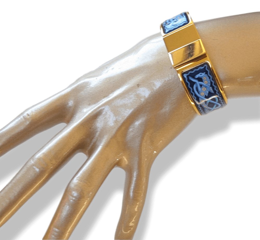 Hermes Blue Enamel/Gold Horses Clic Clac Bangle Bracelet Sz S, Box! - poupishop