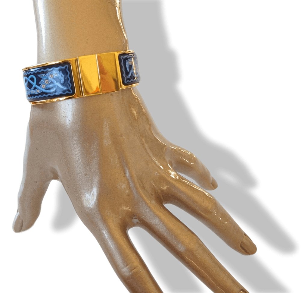 Hermes Blue Enamel/Gold Horses Clic Clac Bangle Bracelet Sz S, Box! - poupishop