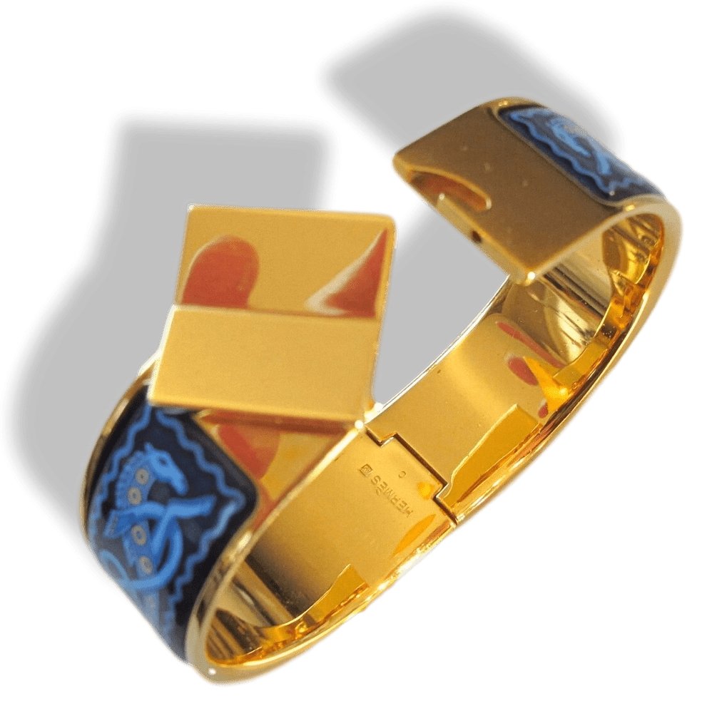 Hermes Blue Enamel/Gold Horses Clic Clac Bangle Bracelet Sz S, Box! - poupishop