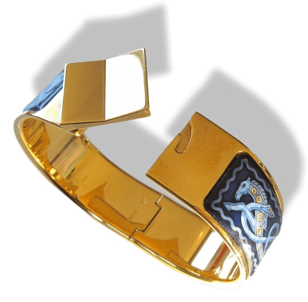Hermes Blue Enamel/Gold Horses Clic Clac Bangle Bracelet Sz S, Box! - poupishop