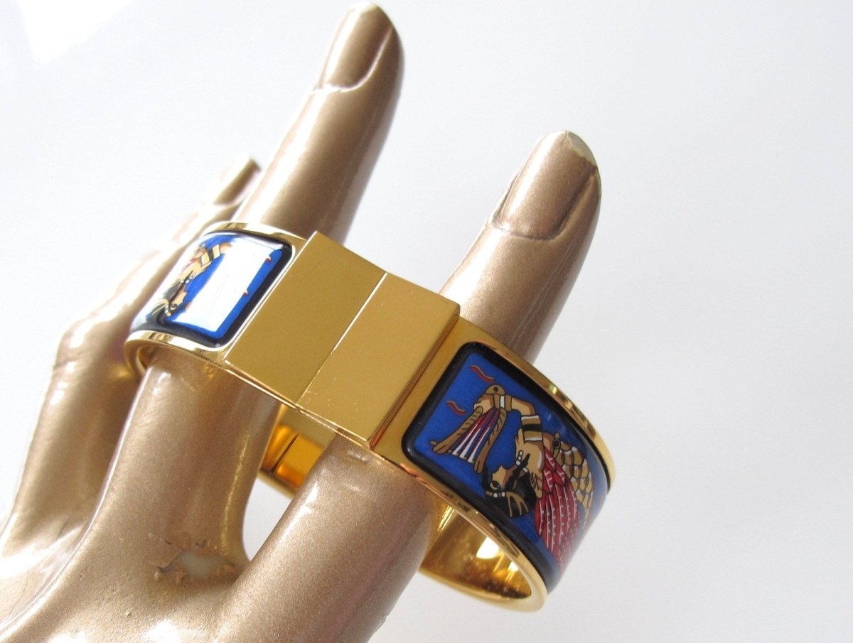 Hermes Blue Enamel/Gold Ramses Pharaon Clic Clac Bangle Bracelet Sz S, New! - poupishop