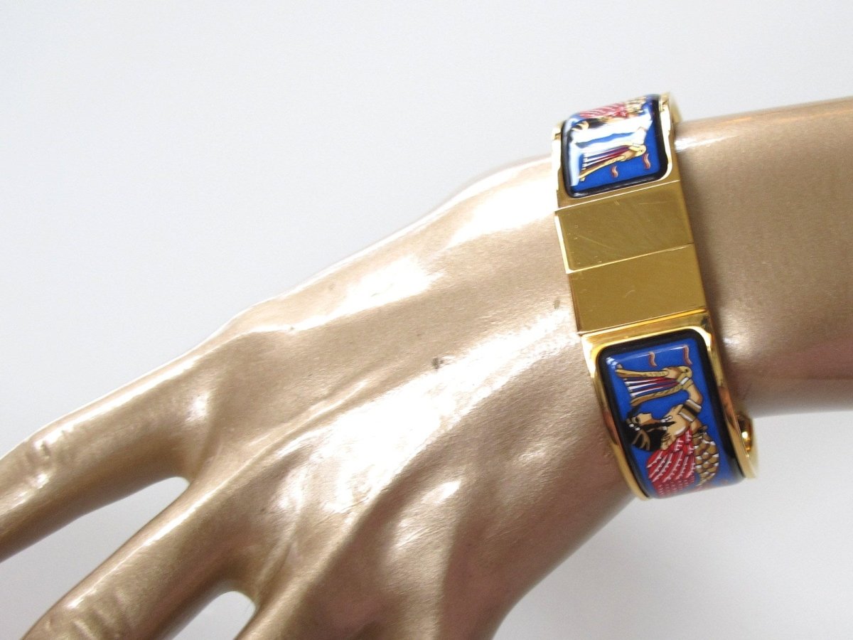Hermes Blue Enamel/Gold Ramses Pharaon Clic Clac Bangle Bracelet Sz S, New! - poupishop