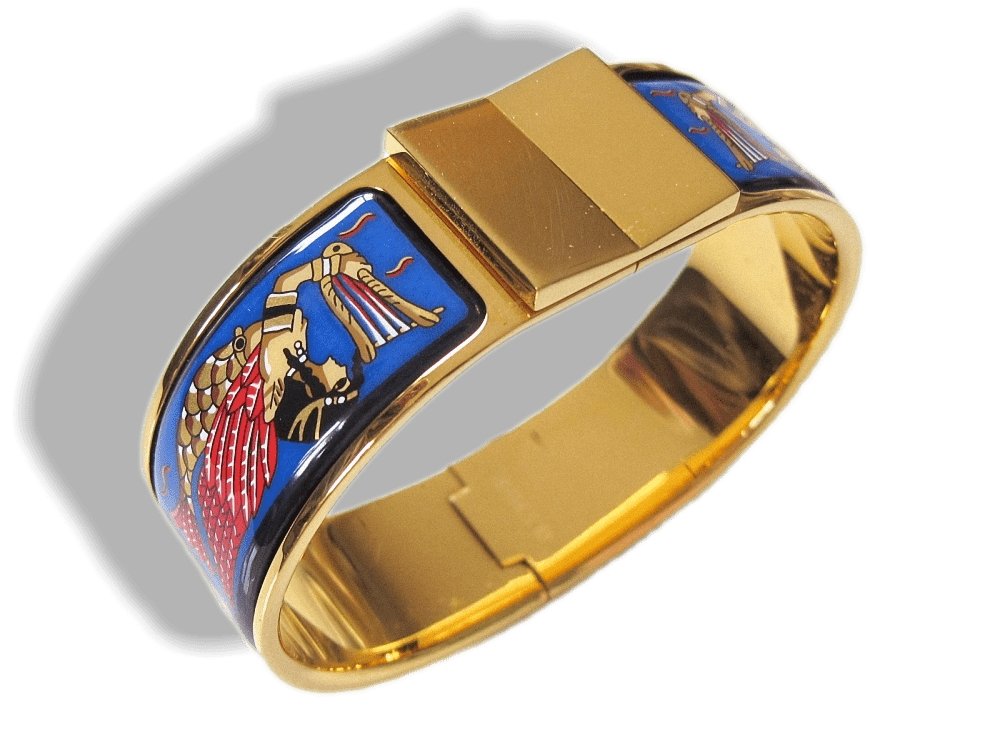 Hermes Blue Enamel/Gold Ramses Pharaon Clic Clac Bangle Bracelet Sz S, New! - poupishop