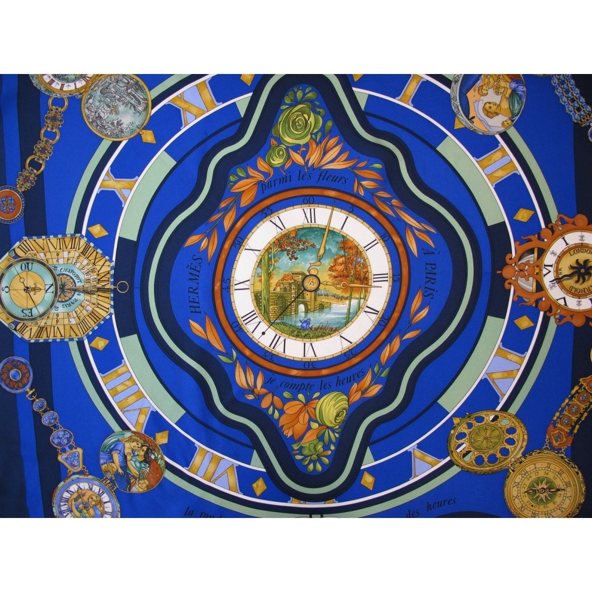 Hermes Blue Green Parmi les fleurs Je compte les heures ... Twill 90cm - poupishop
