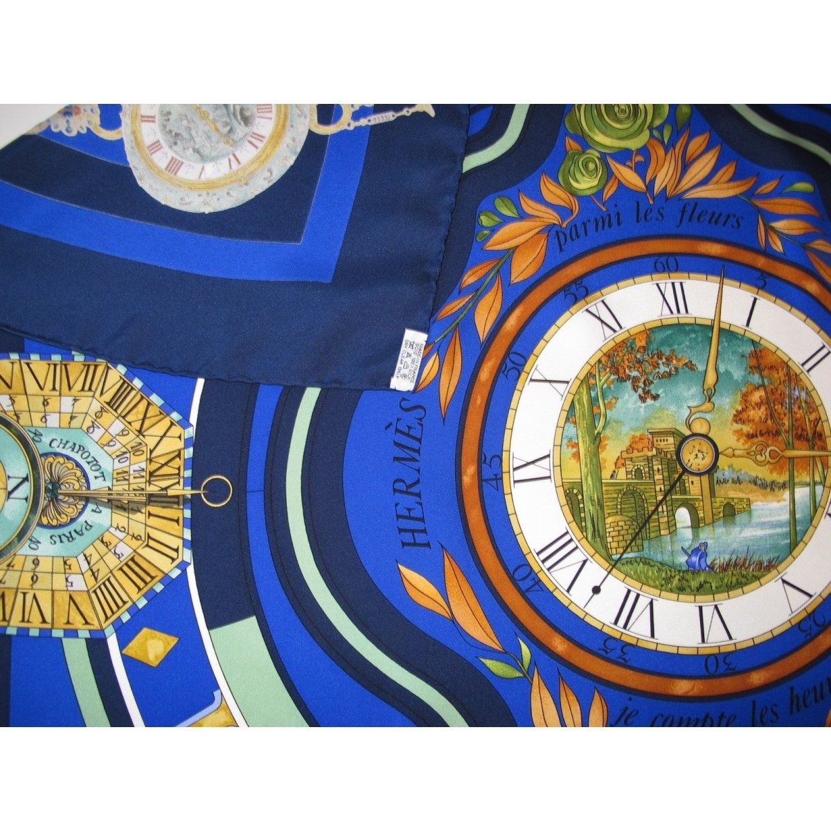 Hermes Blue Green Parmi les fleurs Je compte les heures ... Twill 90cm - poupishop