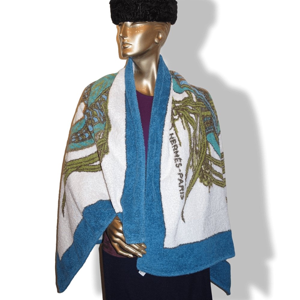 Hermes Blue Green White La Mare aux Canards by Daphné Duchesne Cotton Terry Animal Ducks Beach Towel GM - poupishop