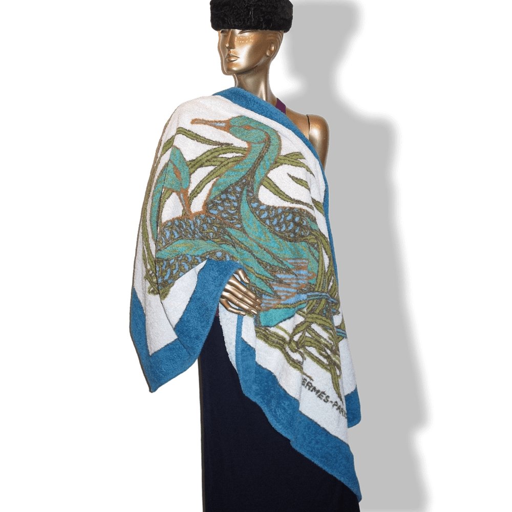 Hermes Blue Green White La Mare aux Canards by Daphné Duchesne Cotton Terry Animal Ducks Beach Towel GM - poupishop