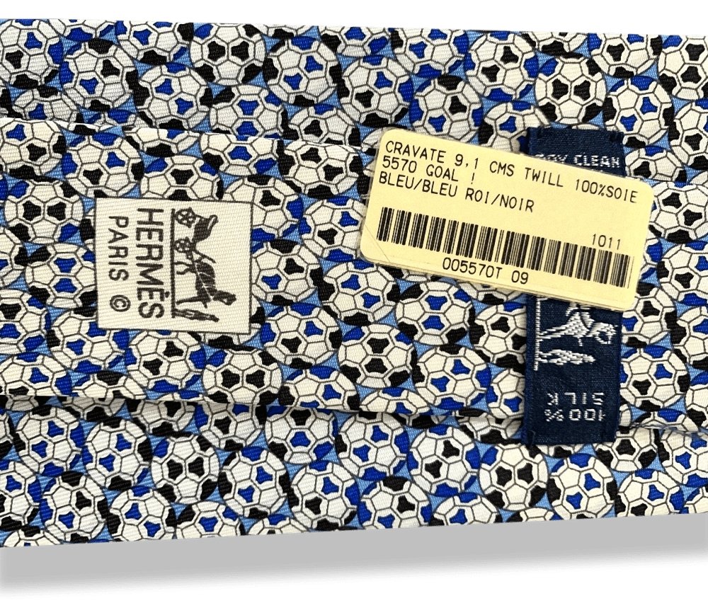 Hermes Blue King Blue Black Football GOAL! Twill Silk Tie 9cm, NWT in Pochette! - poupishop