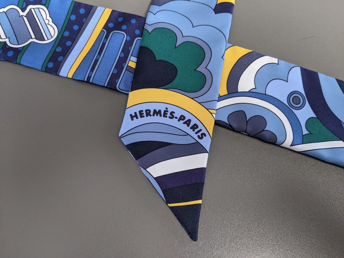 Hermes Blue Yellow Green Faubourg Rainbow Silk Twilly, NWTIB! - poupishop