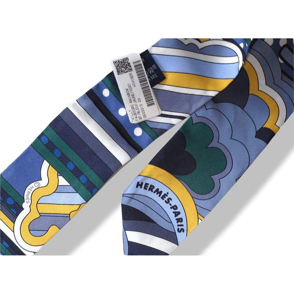 Hermes Blue Yellow Green Faubourg Rainbow Silk Twilly, NWTIB! - poupishop