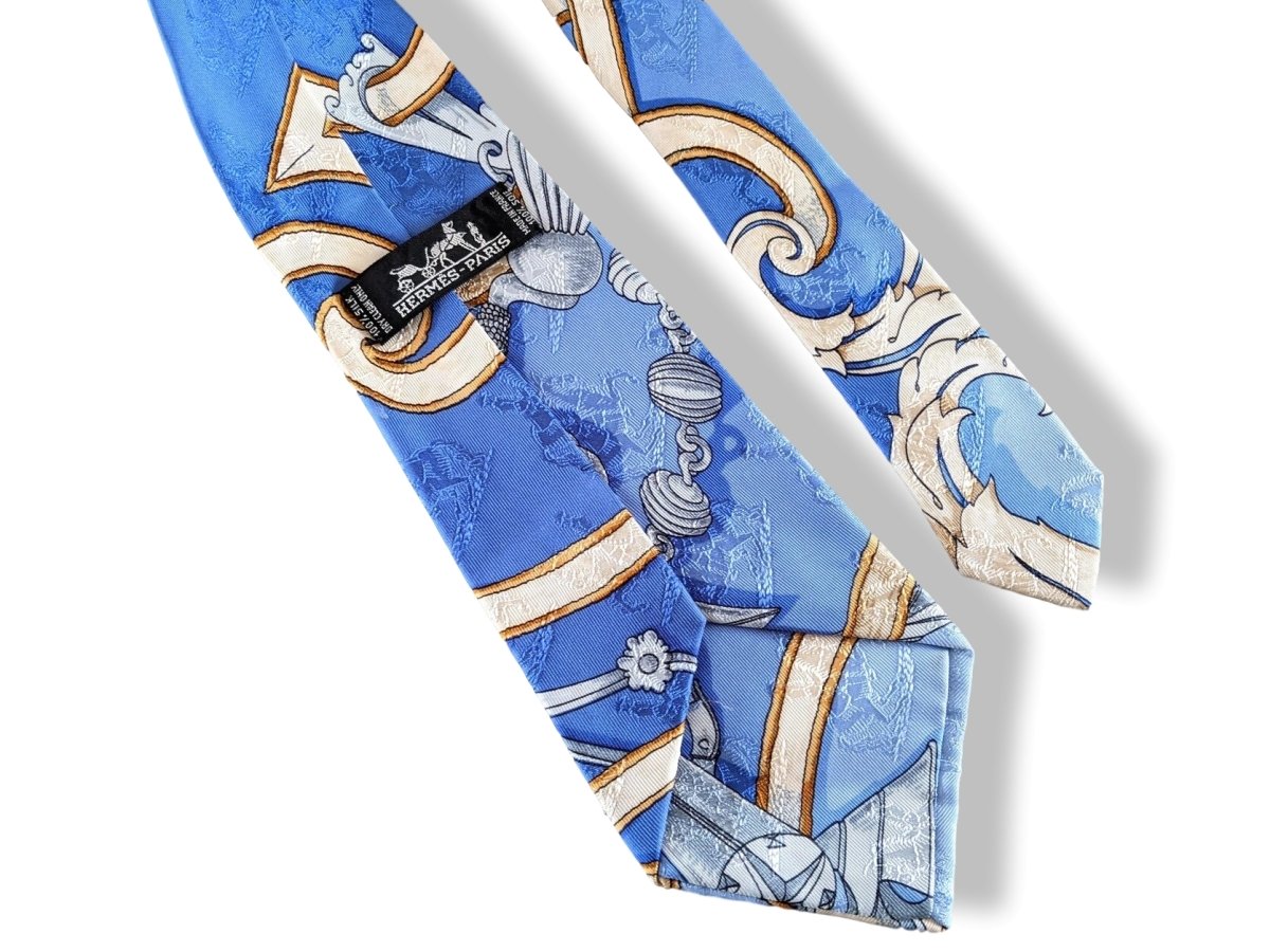 Hermes Blue/Bleu INSTRUCTION DU ROY Printed Jacquard Silk Tie 10 cm, Mint! - poupishop