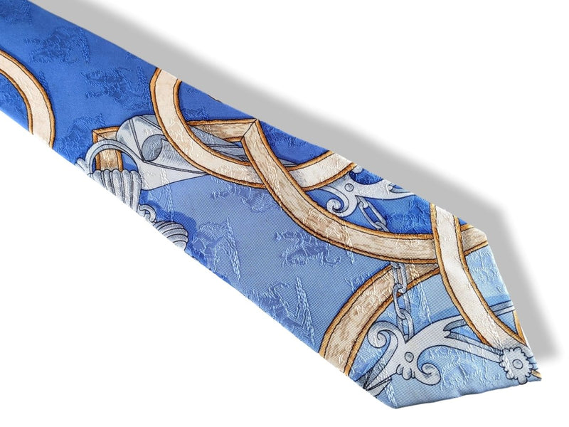 Hermes Blue/Bleu INSTRUCTION DU ROY Printed Jacquard Silk Tie 10 cm, Mint! - poupishop