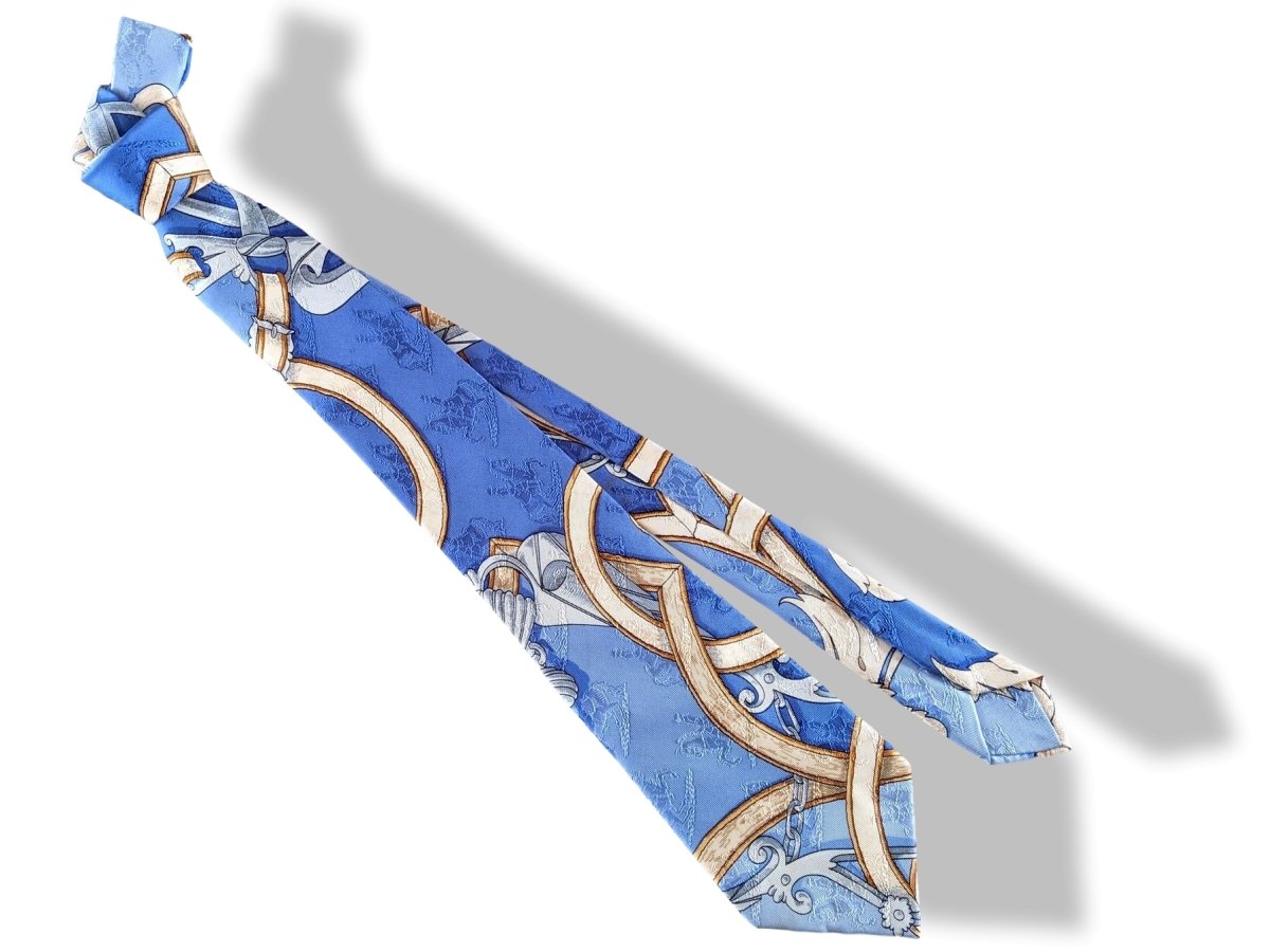 Hermes Blue/Bleu INSTRUCTION DU ROY Printed Jacquard Silk Tie 10 cm, Mint! - poupishop