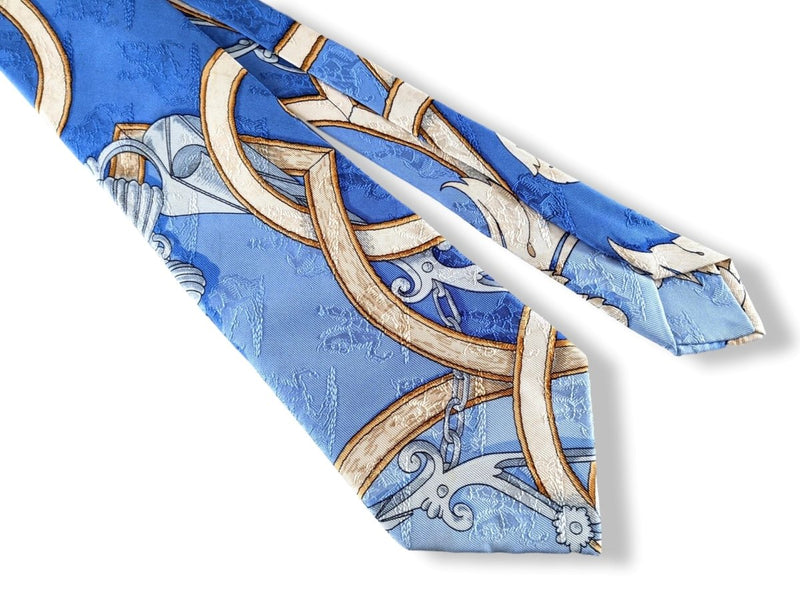 Hermes Blue/Bleu INSTRUCTION DU ROY Printed Jacquard Silk Tie 10 cm, Mint! - poupishop