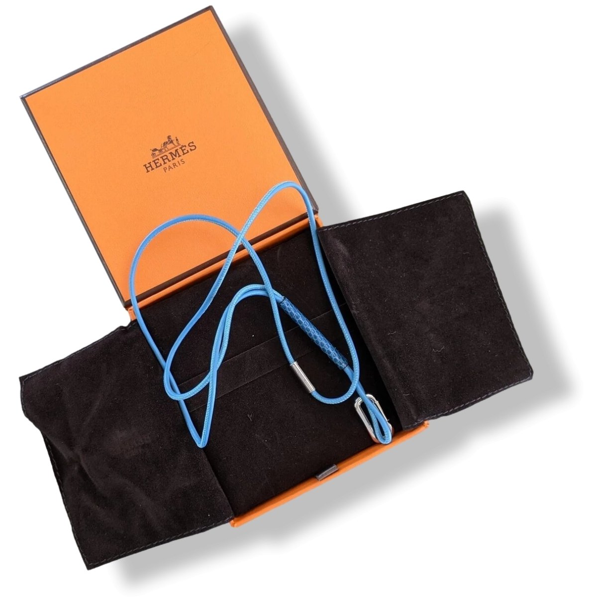 Hermes Blue/Blue Lizard/Palladium PENDANT CURIOSITE NECKLACE, Rare, BNIB! - poupishop
