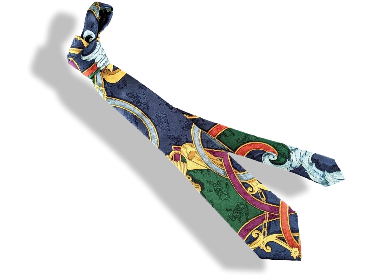 Hermes Blue/Green/Gold INSTRUCTION DU ROY Printed Jacquard Silk Tie - poupishop