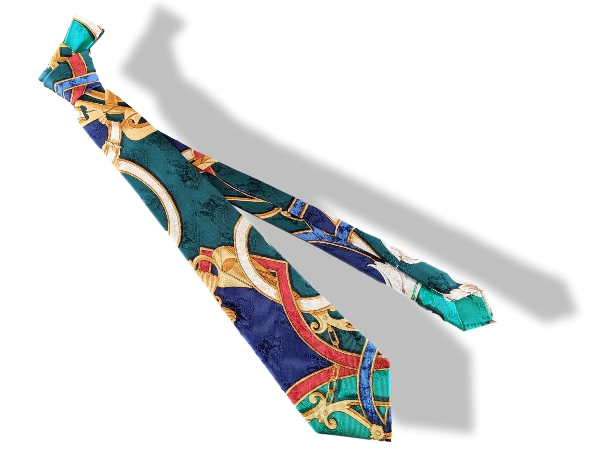 Hermes Blue/Green/Red INSTRUCTION DU ROY Printed Jacquard Silk Tie 10 cm, Mint! - poupishop