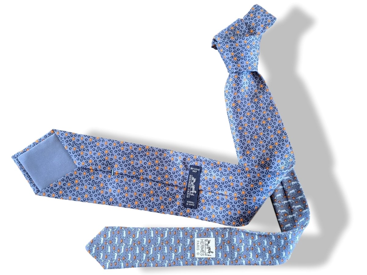 Hermes Blue/Orange HORSESHOE HORSE TWILLBI Twill Silk Tie 8cm, New! - poupishop