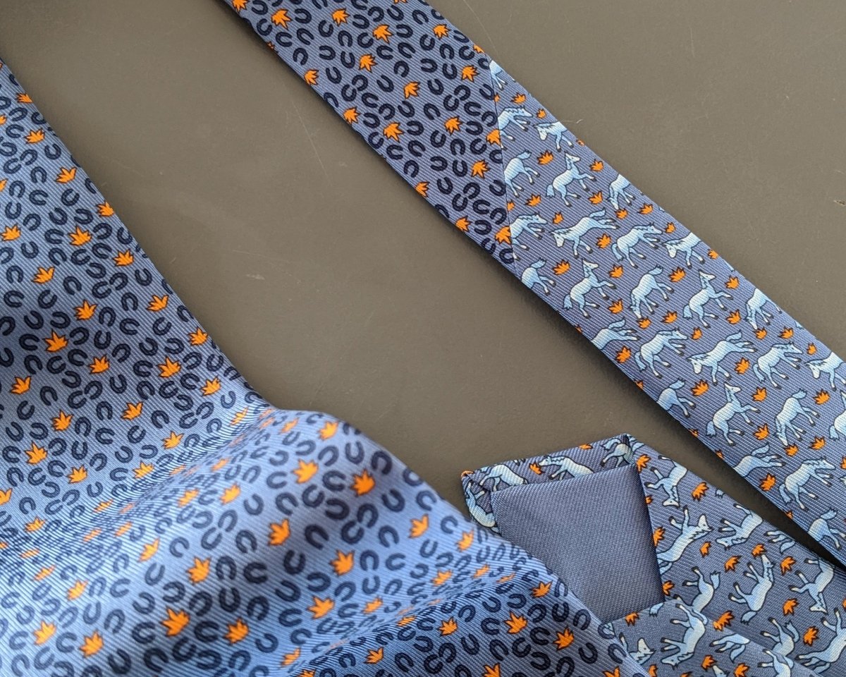 Hermes Blue/Orange HORSESHOE HORSE TWILLBI Twill Silk Tie 8cm, New! - poupishop