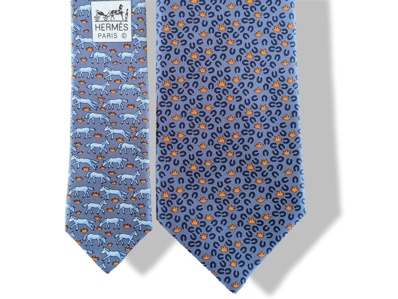 Hermes Blue/Orange HORSESHOE HORSE TWILLBI Twill Silk Tie 8cm, New! - poupishop