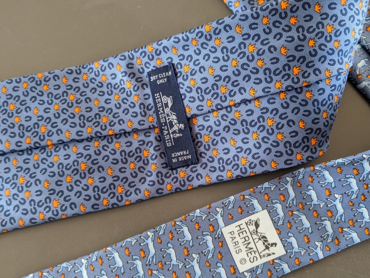 Hermes Blue/Orange HORSESHOE HORSE TWILLBI Twill Silk Tie 8cm, New! - poupishop